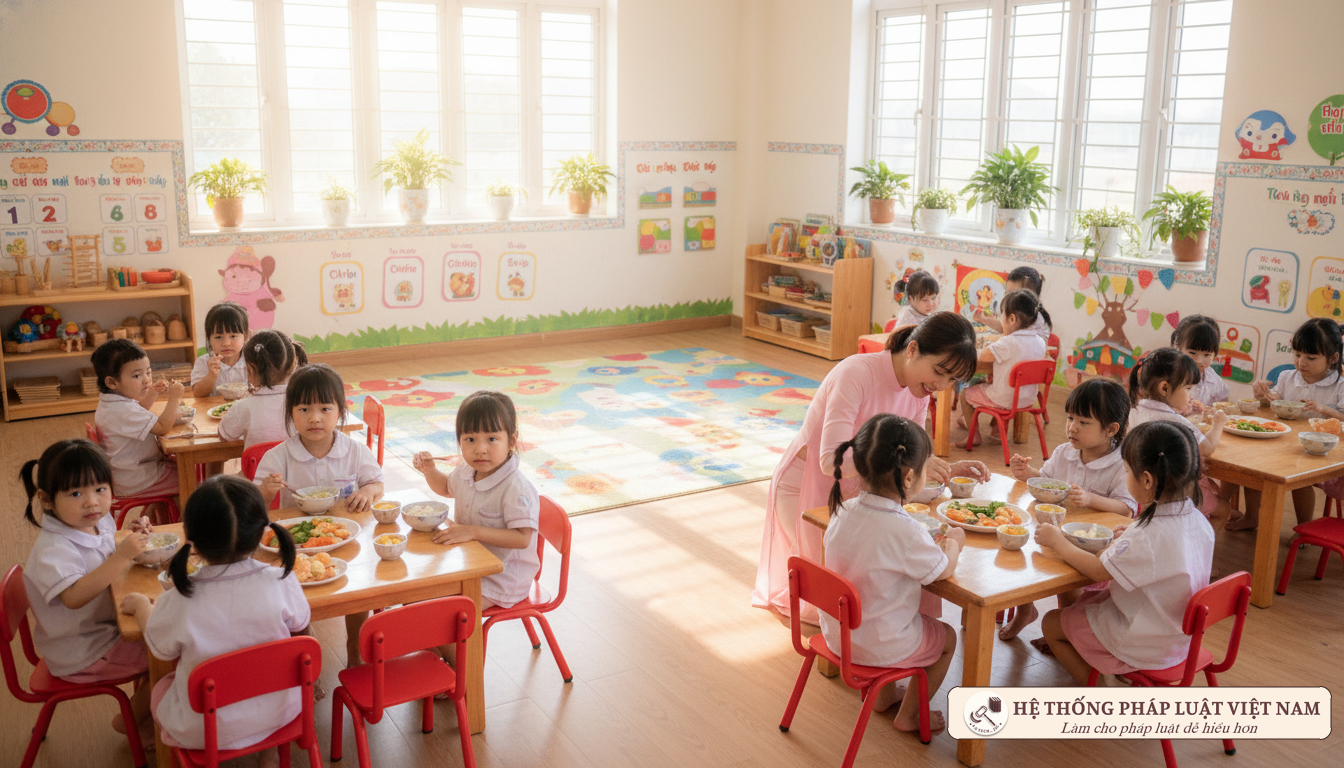 Học sinh mầm non ăn bán trú tại trường