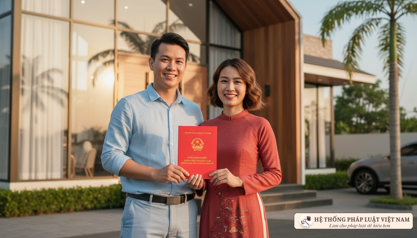 Vợ chồng Việt Nam hạnh phúc bên sổ đỏ