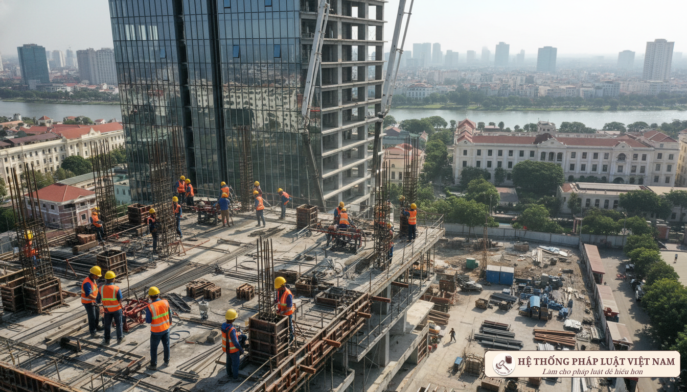 Công nhân xây dựng Việt Nam làm việc an toàn trên công trường