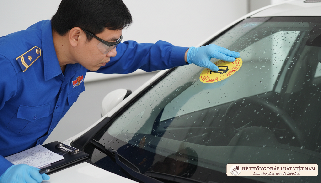 Nhân viên đăng kiểm dán tem kiểm định xe ô tô