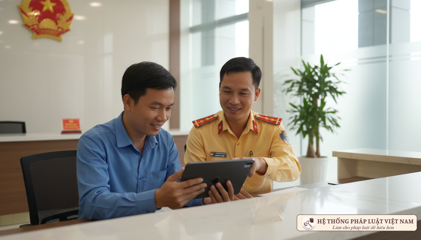 Cán bộ CSGT hướng dẫn đăng ký xe