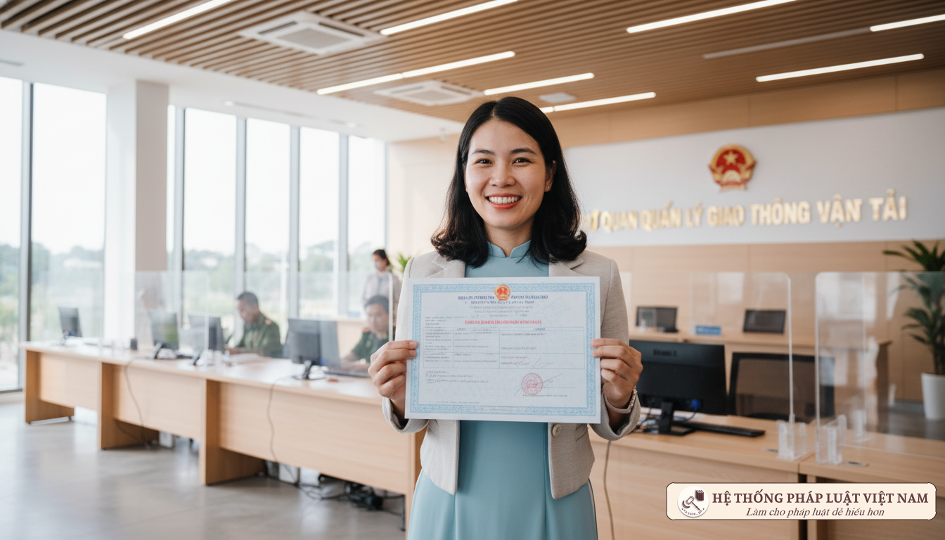 Người dân nhận giấy đăng ký xe mới tại cơ quan công an