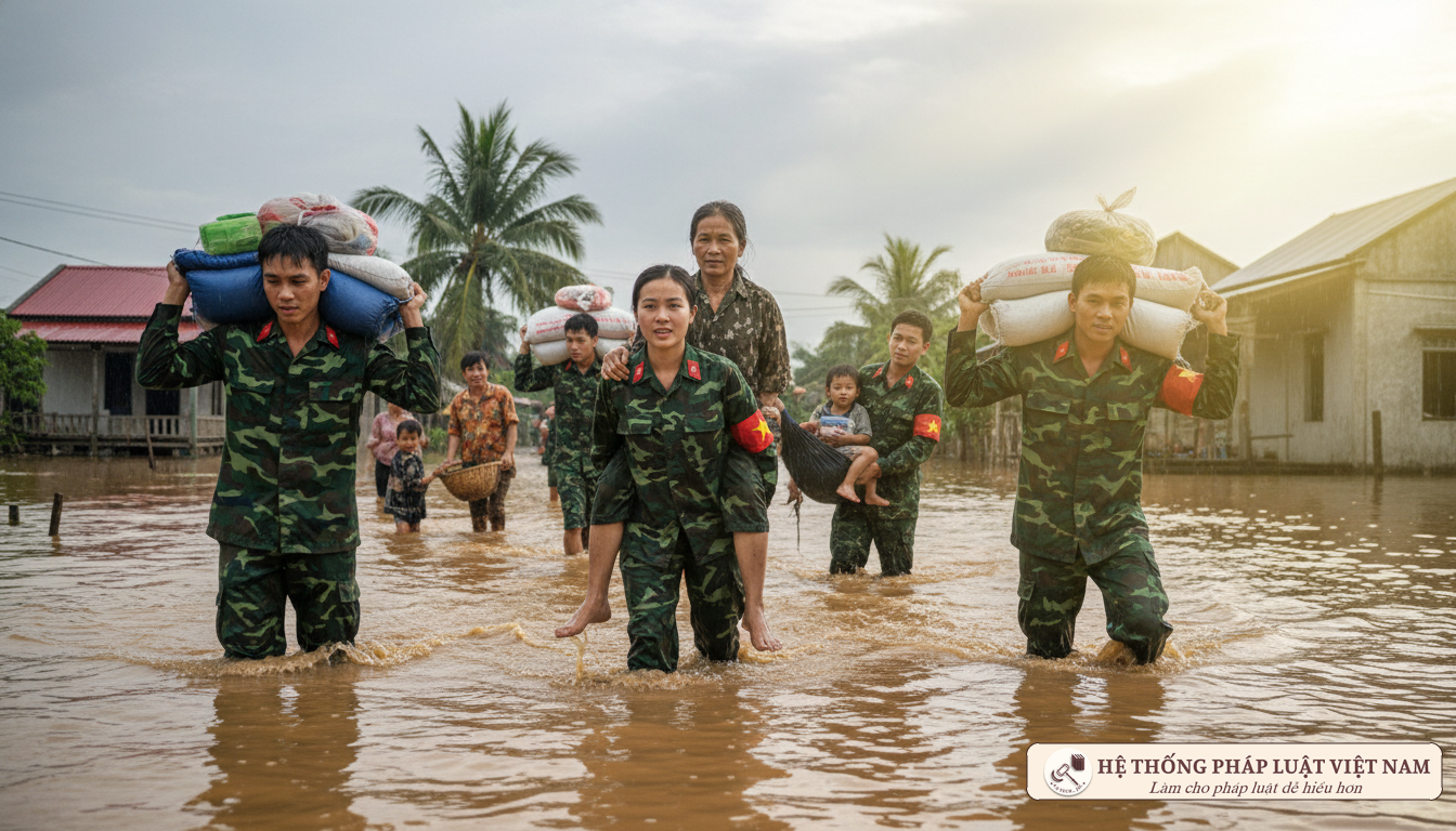 Dân quân tự vệ vì nhân dân phục vụ Dân quân tự vệ giúp dân trong lũ lụt