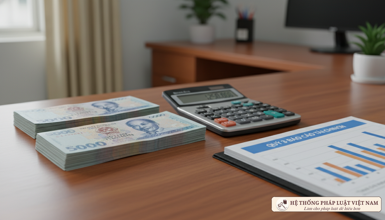 Minh họa thu nhập cán bộ công chức Tiền Việt Nam và máy tính trên bàn làm việc