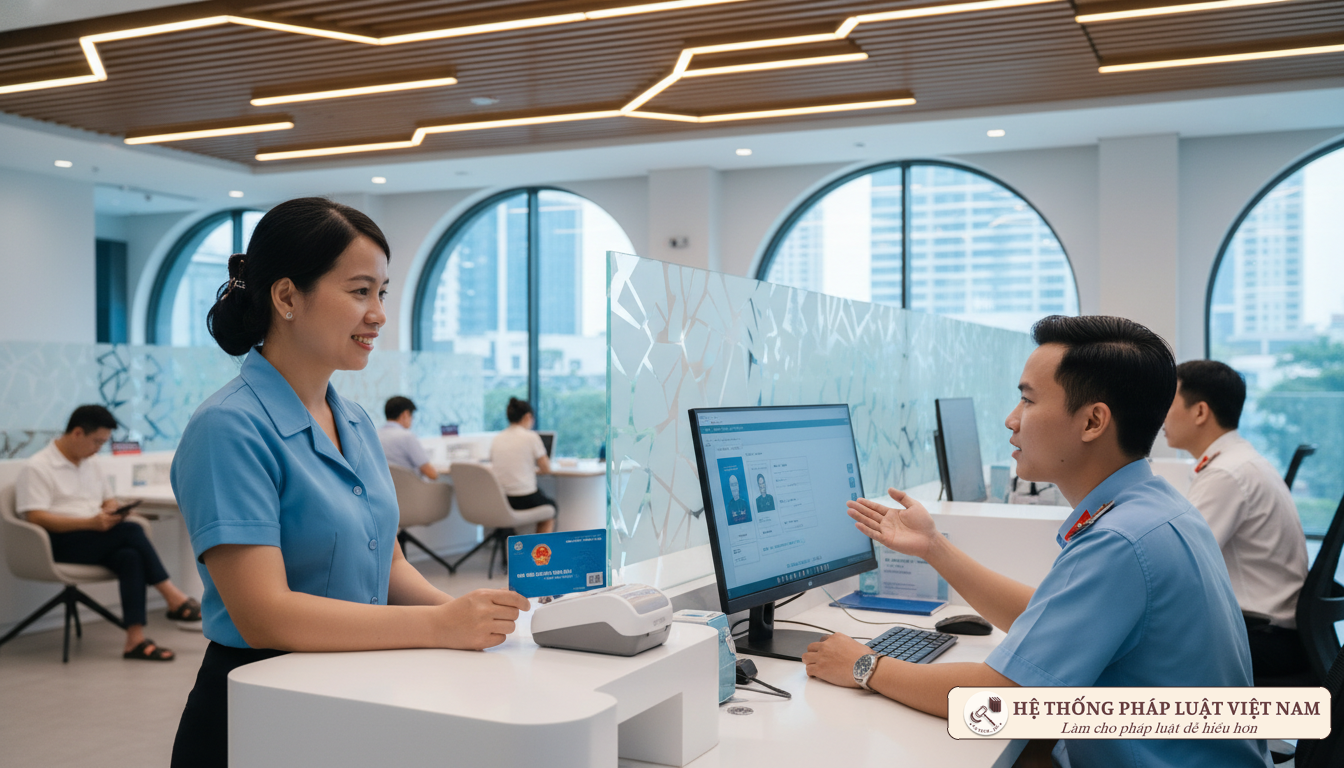 Người dân sử dụng thẻ Căn cước tại quầy dịch vụ công