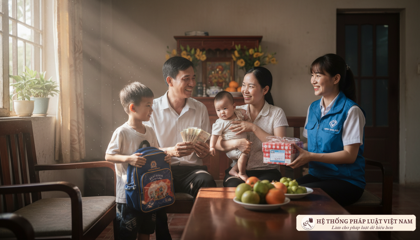 Gia đình hạnh phúc nhận trợ cấp xã hội