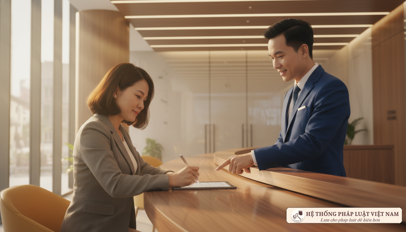 Khách hàng giao dịch tại quầy ngân hàng hiện đại