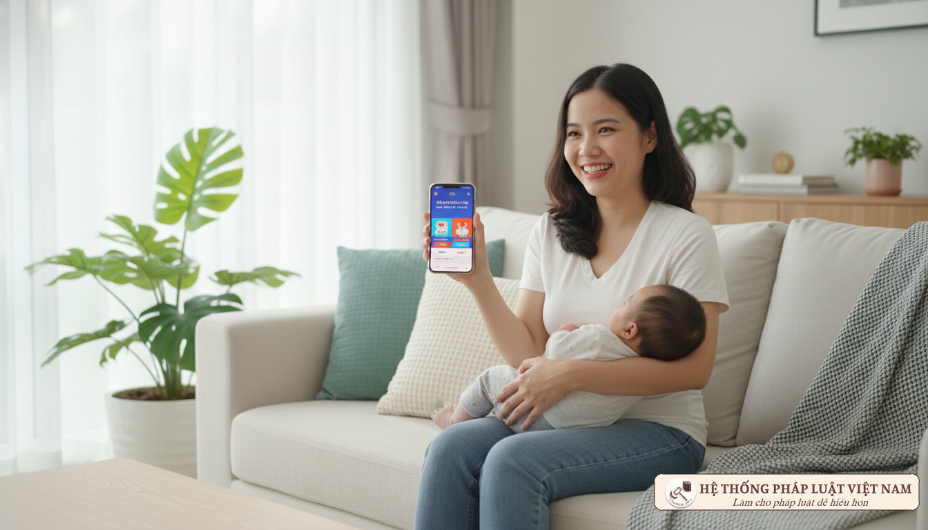 Mẹ bỉm sữa thực hiện dịch vụ công trực tuyến cho con