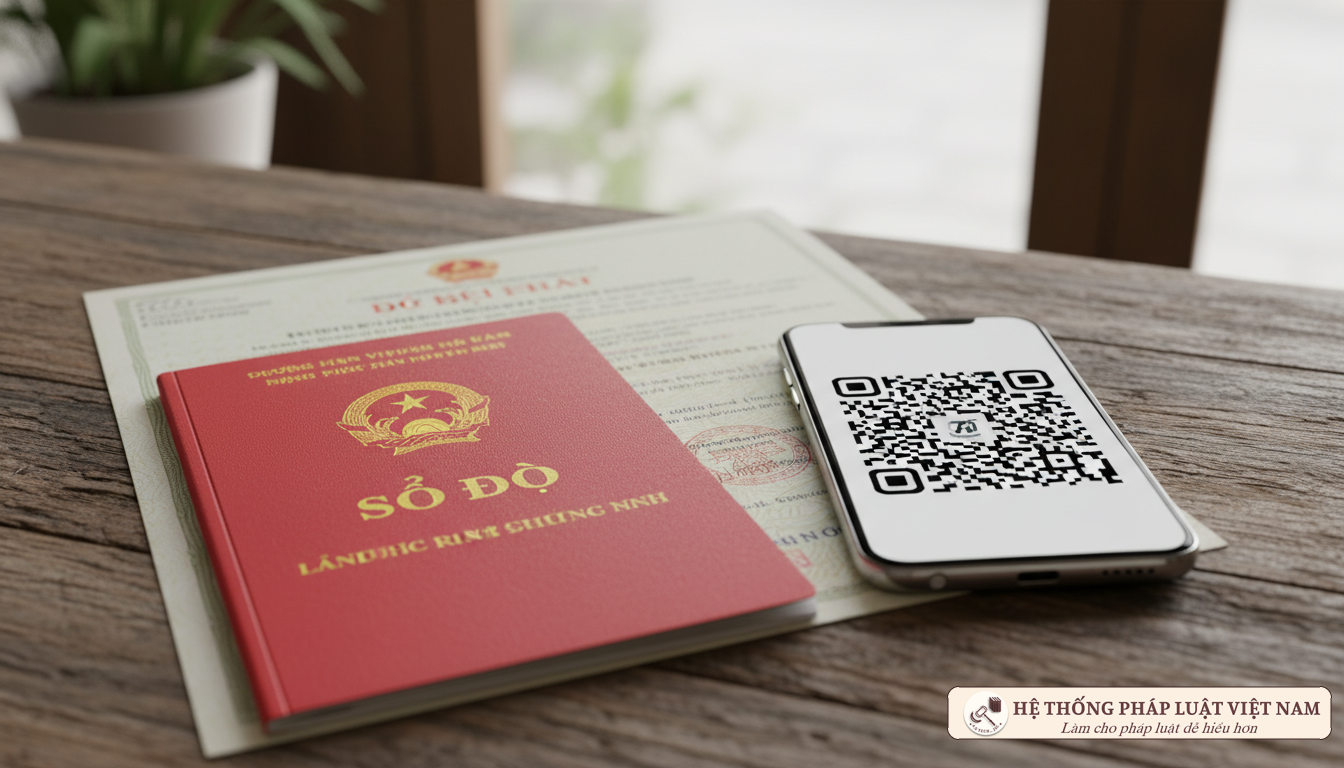 Cận cảnh Sổ đỏ và điện thoại quét mã QR