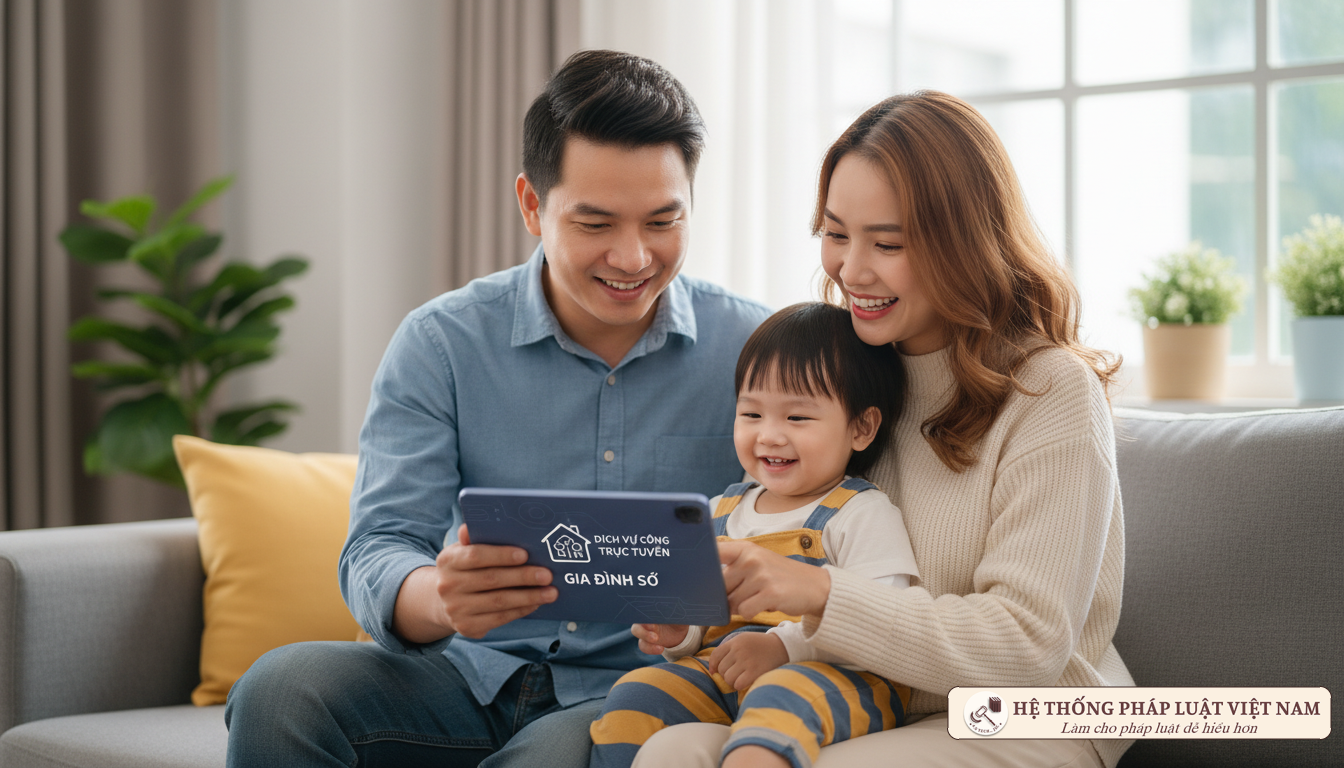 Gia đình trẻ thực hiện thủ tục trực tuyến