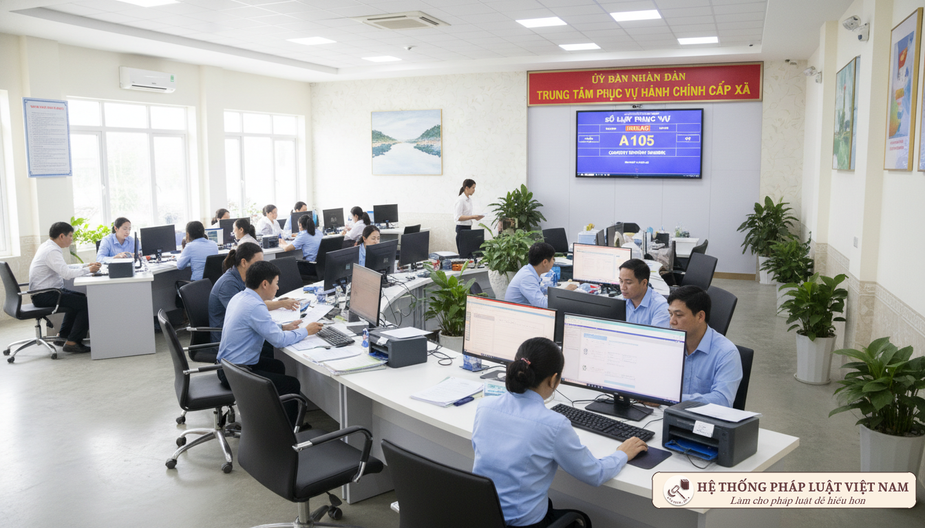 Cán bộ cấp xã làm việc tại trung tâm hành chính công