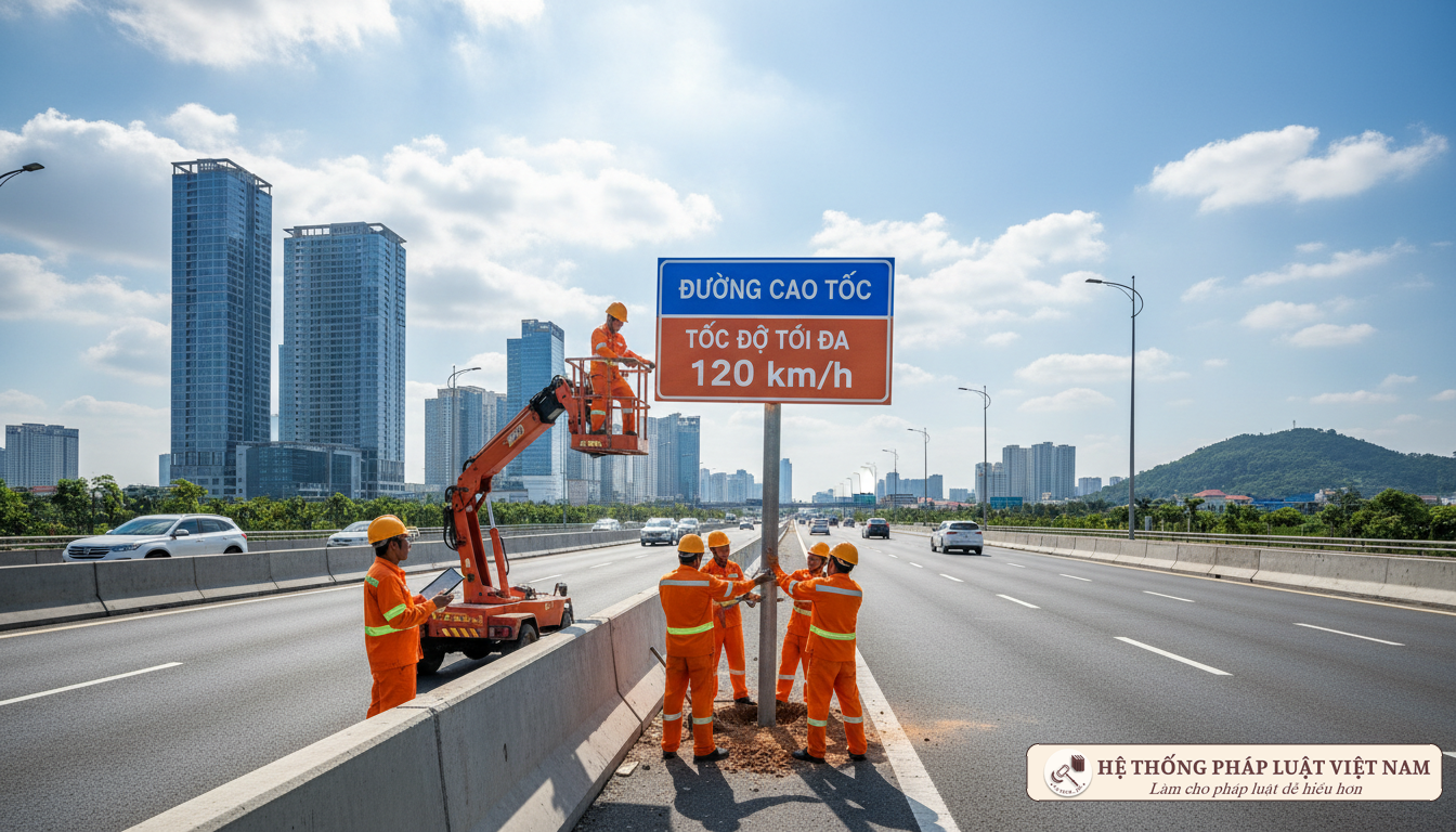Công nhân lắp đặt biển báo giao thông