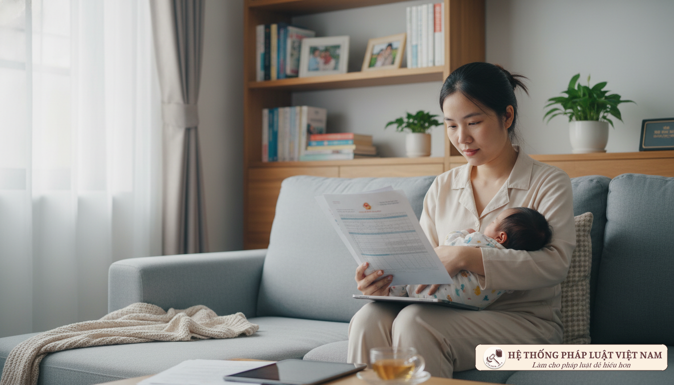 Nữ công chức chăm sóc con nhỏ