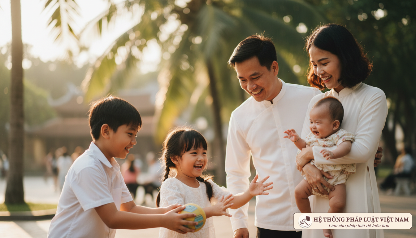 Gia đình hạnh phúc với ba con