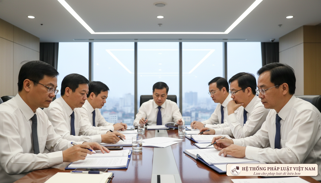 Các cán bộ thảo luận về phương án tinh gọn bộ máy