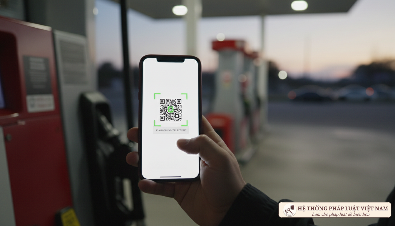 Người dân quét mã QR nhận hóa đơn điện tử sau khi đổ xăng