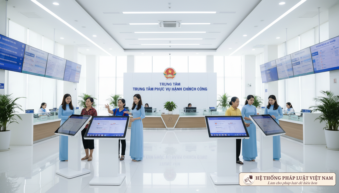 Trung tâm phục vụ hành chính công hiện đại với các quầy hướng dẫn số