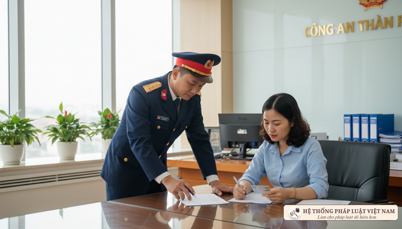 Công an xã hướng dẫn người dân làm thủ tục xác nhận thu nhập