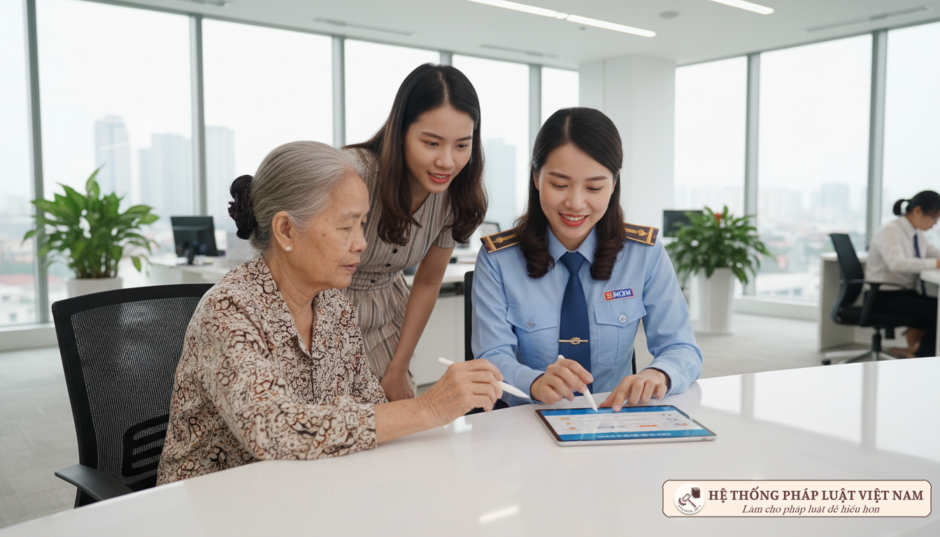 Cán bộ BHXH hướng dẫn người dân làm thủ tục cấp thẻ BHYT