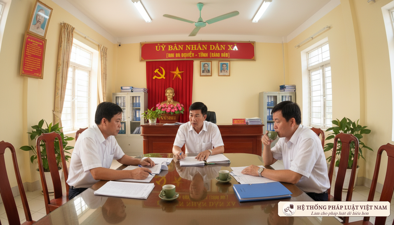 Cán bộ xã thảo luận công tác giám sát