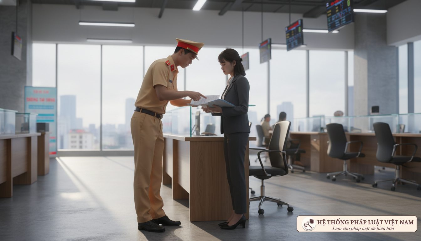 Cán bộ CSGT hướng dẫn đăng ký xe