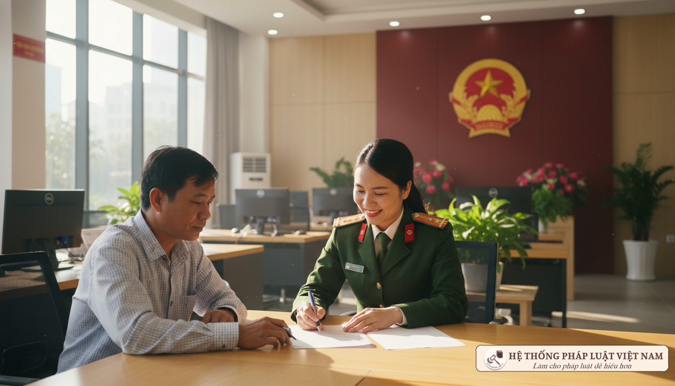 Công an xã hỗ trợ người dân làm thủ tục hành chính