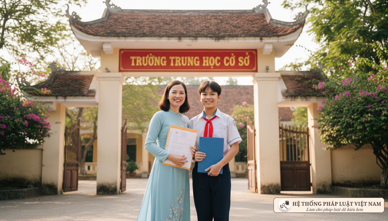 Phụ huynh và học sinh trước cổng trường THCS