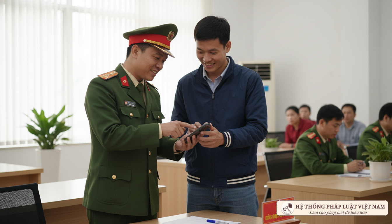Cán bộ công an hướng dẫn người dân sử dụng VNeID