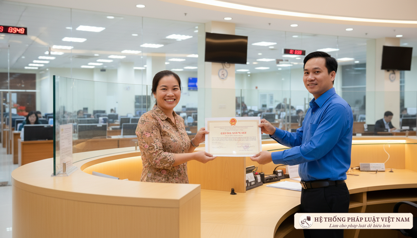 Người dân nhận giấy phép kinh doanh tại UBND xã