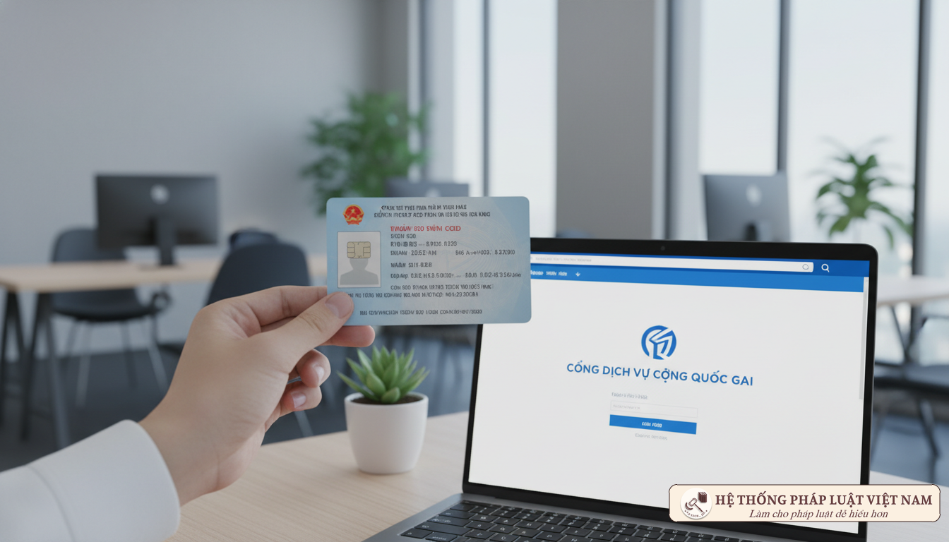 Thẻ Căn cước công dân gắn chip và máy tính làm việc