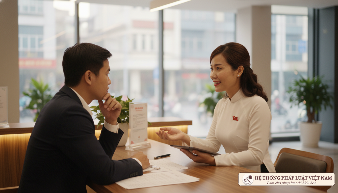 Viên chức phục vụ nhân dân tại quầy dịch vụ công