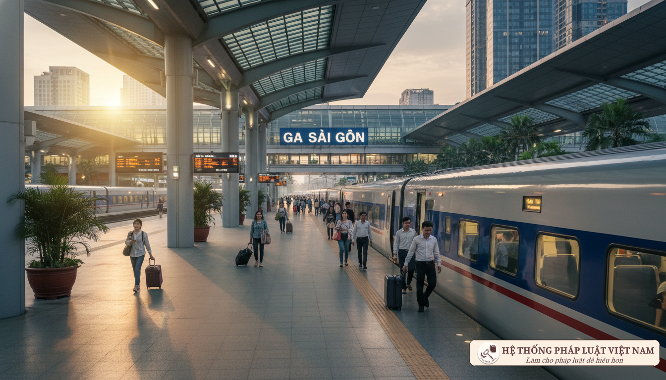 Hành khách tại ga tàu hỏa hiện đại