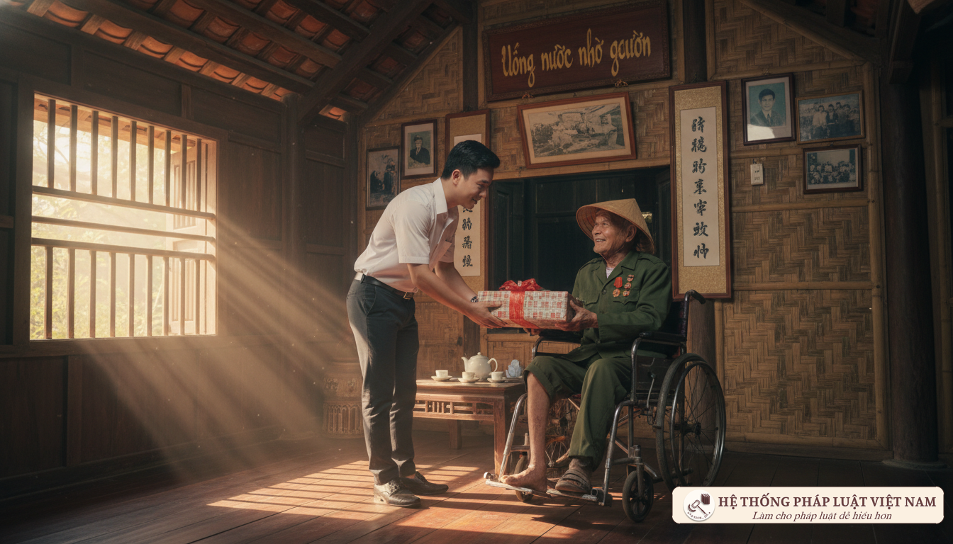 Cán bộ thăm hỏi và tặng quà cho thương binh