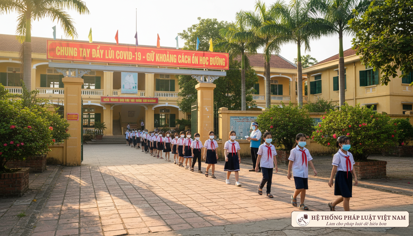 Cổng trường học tại Việt Nam thực hiện phòng dịch Covid-19