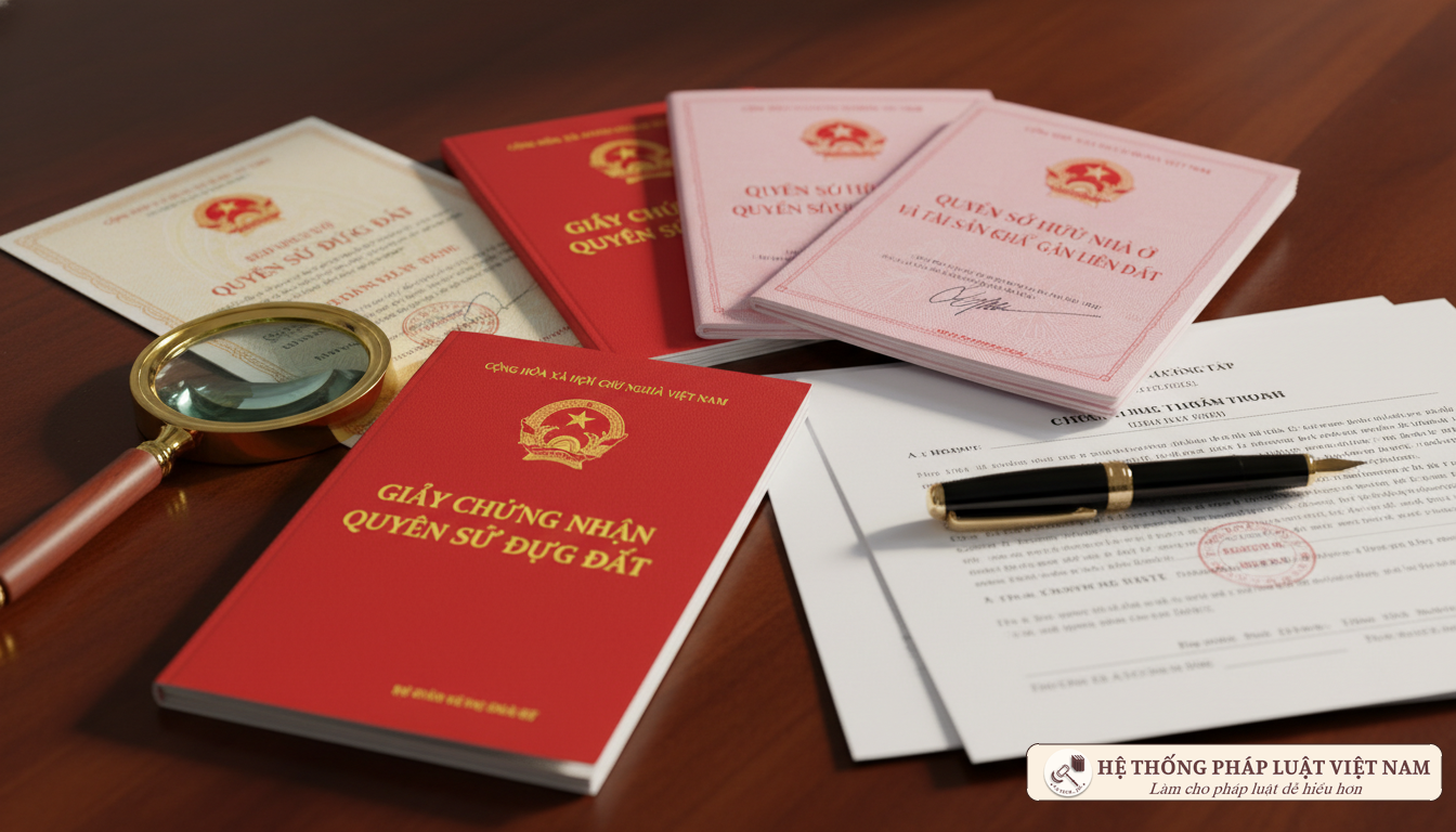 Cận cảnh các loại sổ đỏ và sổ hồng cũ trên bàn gỗ