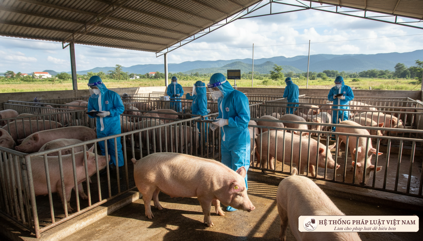 Cán bộ thú y kiểm tra lợn nhập khẩu