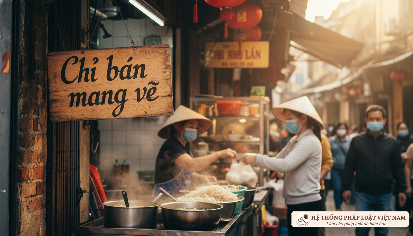 Biển báo chỉ bán mang về tại một quán ăn ở Hà Nội