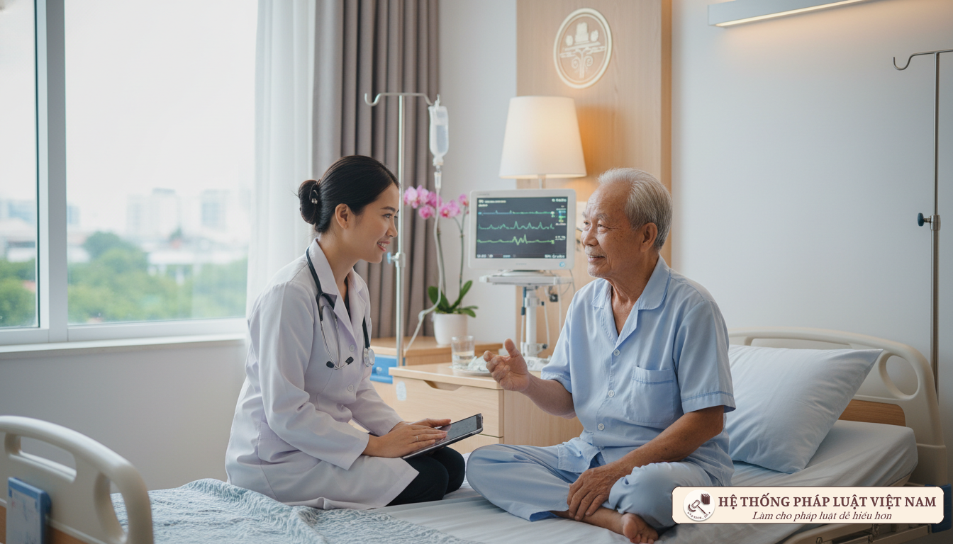 Bác sĩ tư vấn cho bệnh nhân cao tuổi tại bệnh viện