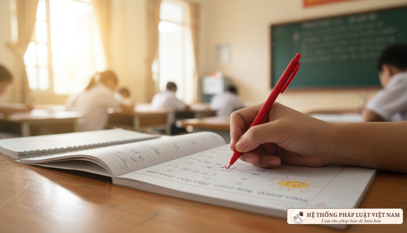 Bàn tay giáo viên đang chấm bài cho học sinh