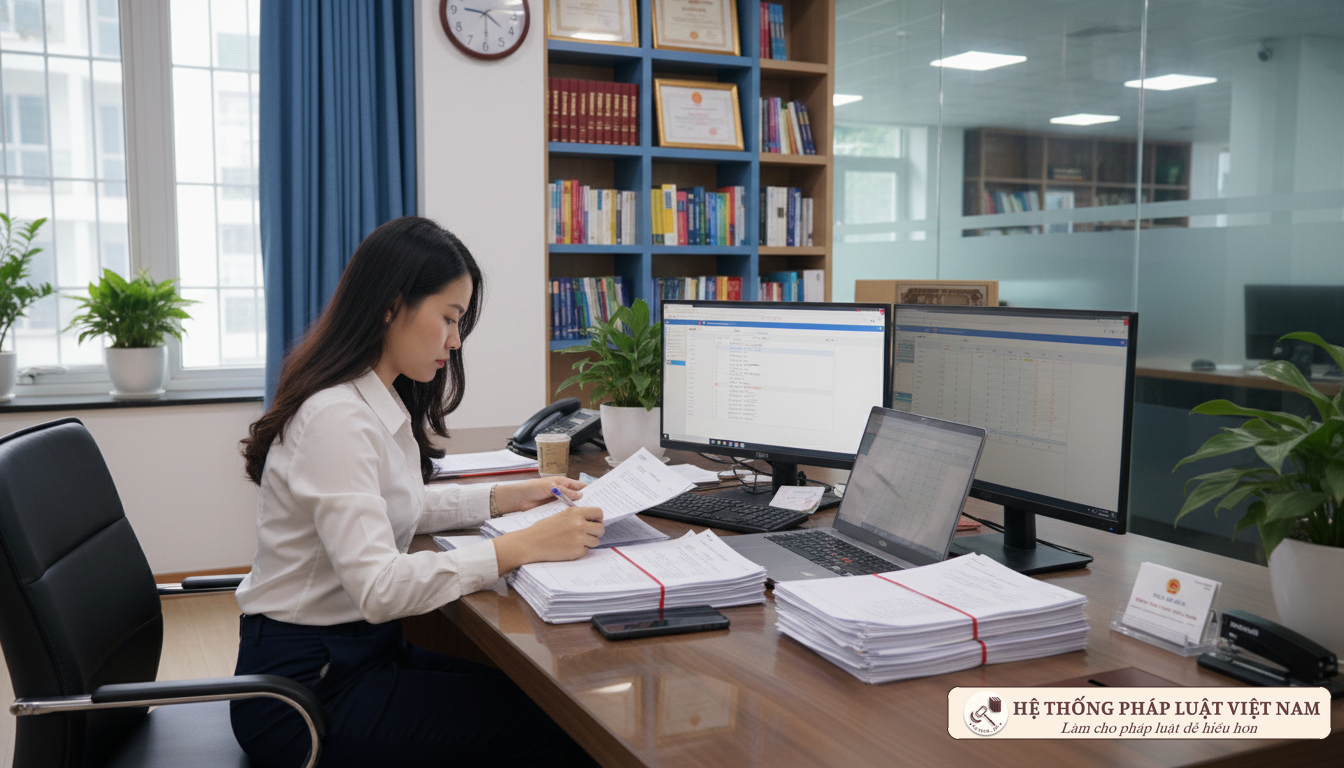 Thư ký Tòa án làm việc với hồ sơ