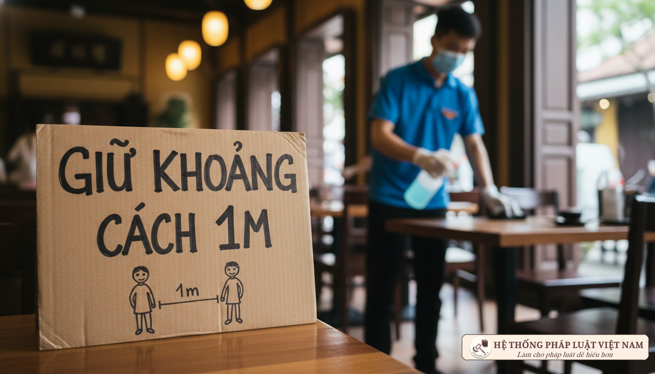 Biển báo giữ khoảng cách 1m tại nhà hàng Hà Nội