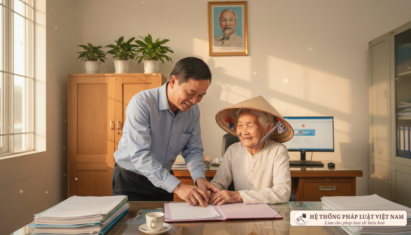 Cán bộ hướng dẫn người dân nhận quà an sinh