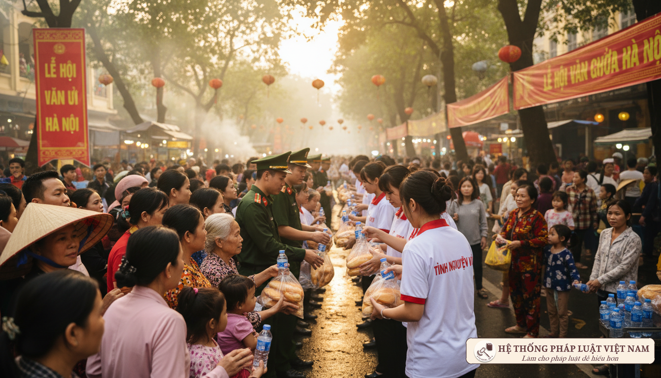 Tình nguyện viên hỗ trợ bánh mì và nước uống cho người dân