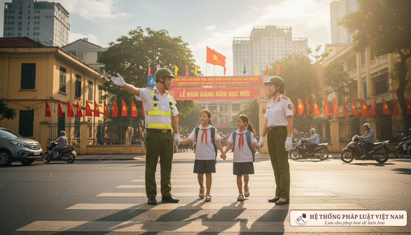 Cảnh sát giao thông hỗ trợ học sinh ngày khai giảng