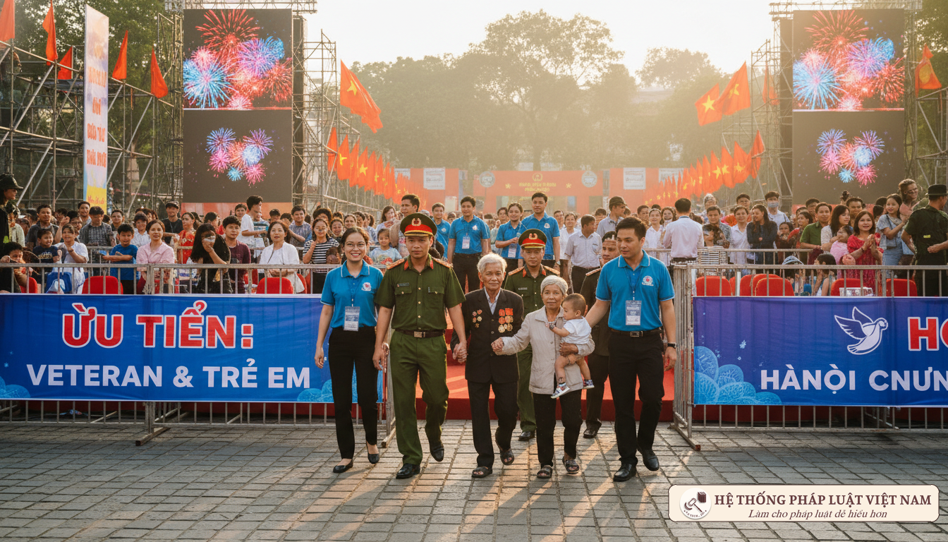 Hỗ trợ người già và trẻ em xem diễu binh