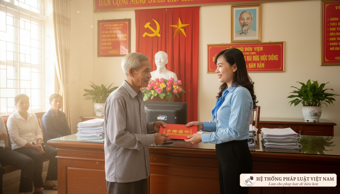 Cán bộ hướng dẫn người dân nhận quà