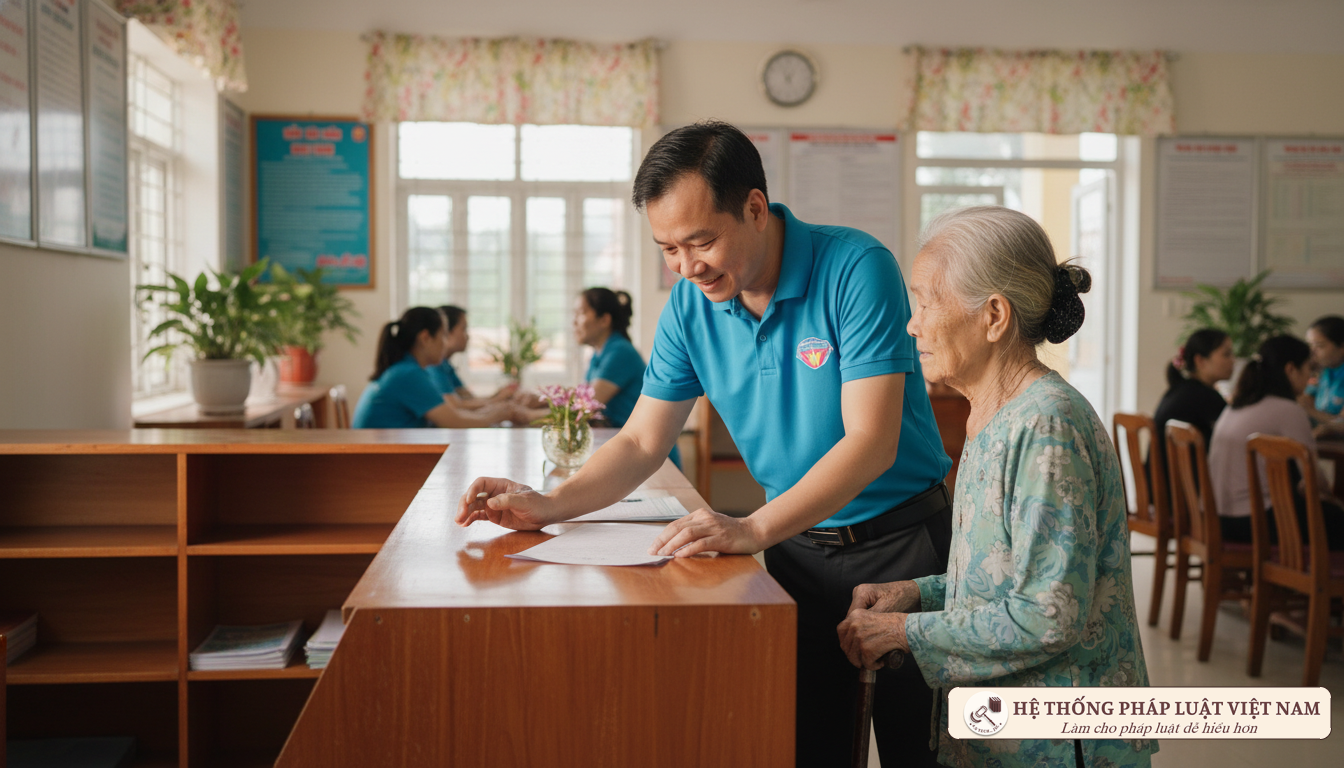 Cán bộ hỗ trợ người dân nhận quà an sinh