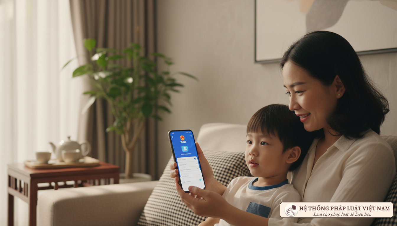 Mẹ và bé xem ứng dụng VNeID