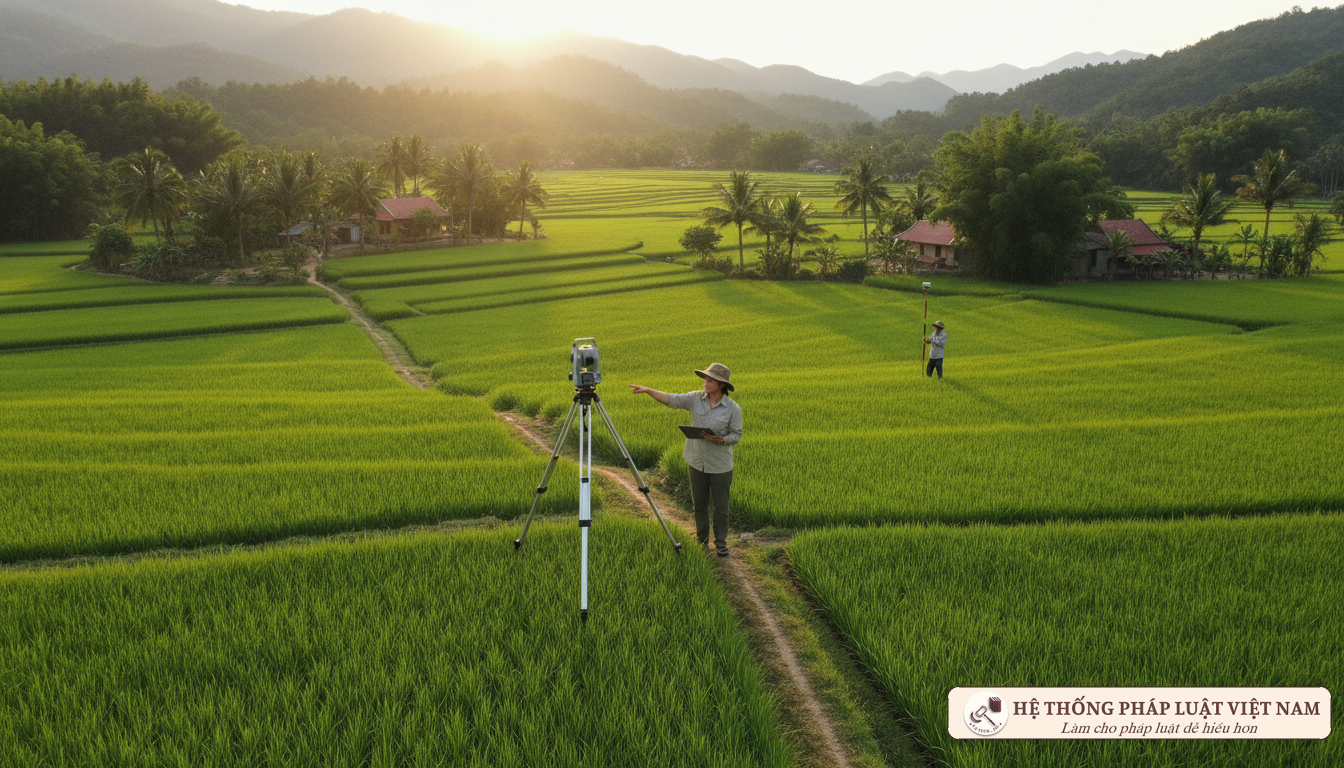 Cán bộ đo đạc đất đai tại hiện trường
