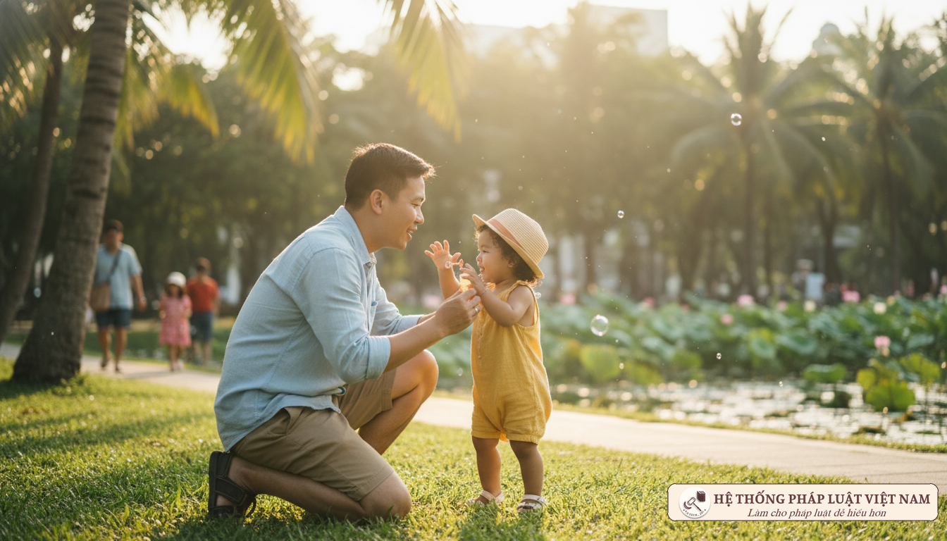 Cha và con chơi đùa trong công viên